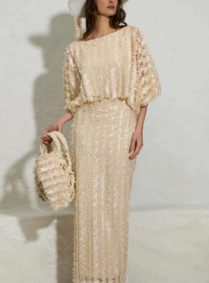 BLUSA DE TULE BORDADA EM FIOS DE FRANJA E PAETE