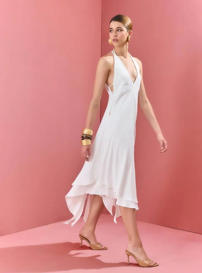 VESTIDO DECOTE V LONGUETE COM PONTAS