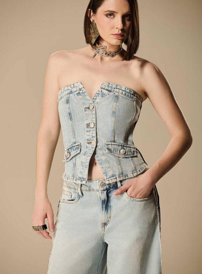 CORSELET JEANS LISTRAS LATERAIS