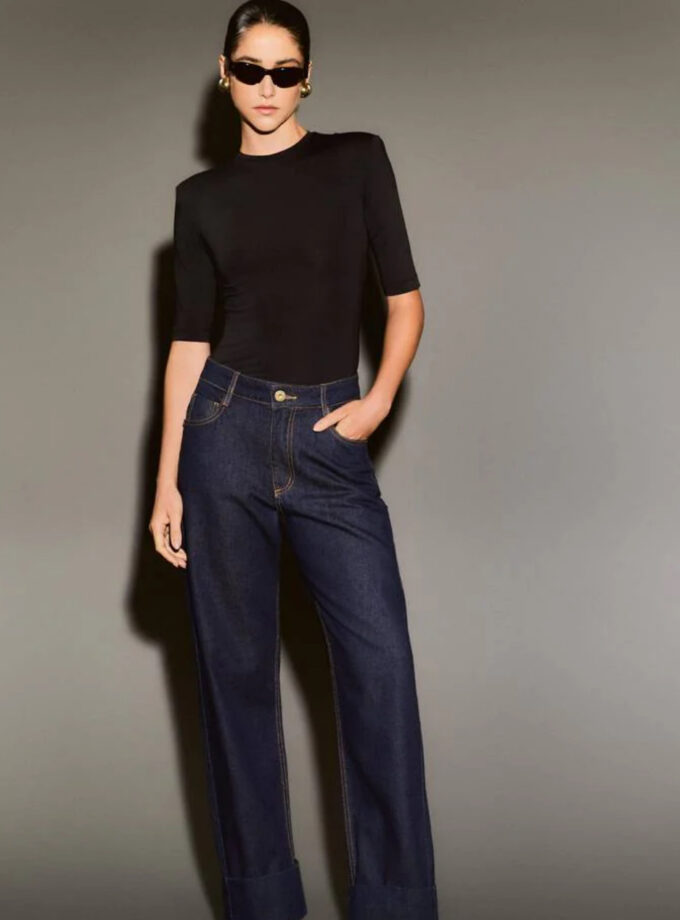 CALÇA JEANS BOLSO COURO